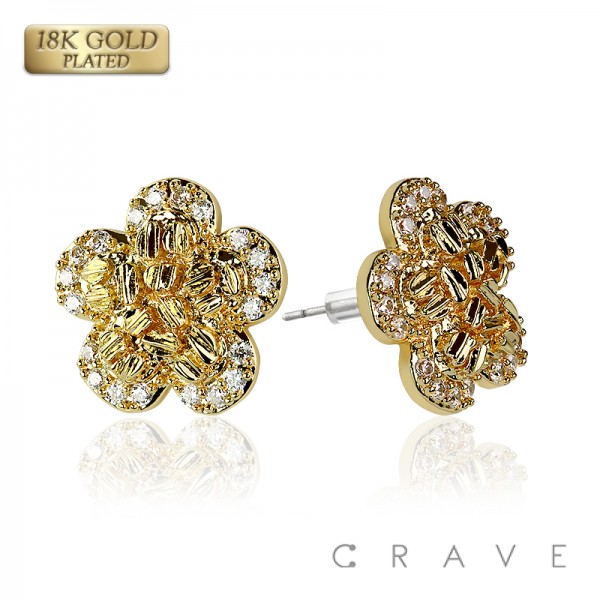 PAIR OF 18K GOLD PLATED INGOT CENTERED FLOWER SHAPE NUGGET EARRINGS